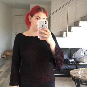 Size M Escada Long Sleeve Top with red detailing & black rhinestones